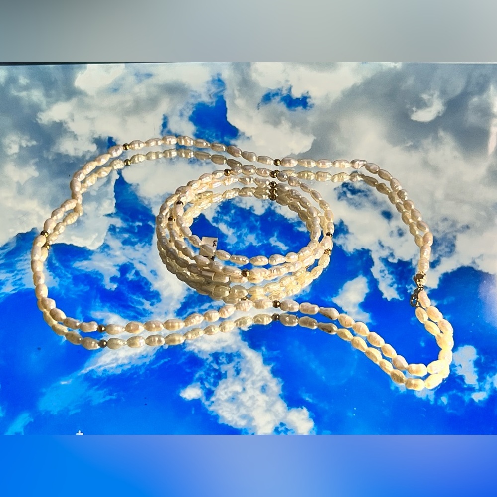 Vtg JCM rice pearl + 14kt solid gold jewelry set - matching necklace & bracelet